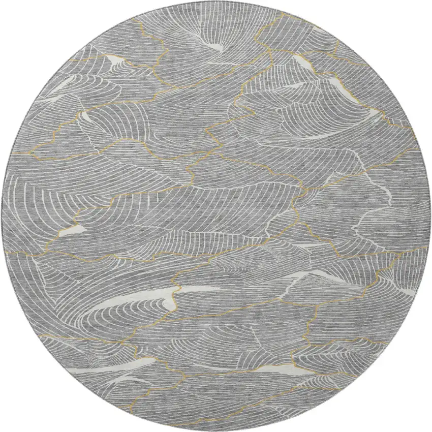 8' Gray Ivory And Gold Abstract Washable Round Rug With UV Protection Photo 3