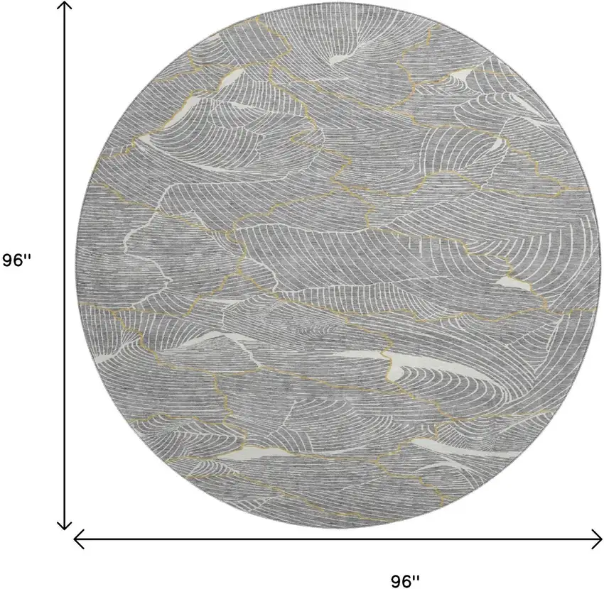 8' Gray Ivory And Gold Abstract Washable Round Rug With UV Protection Photo 9