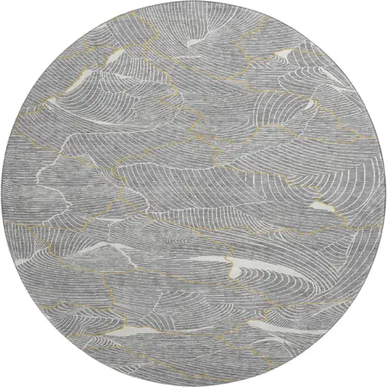 8' Gray Ivory And Gold Abstract Washable Round Rug With UV Protection Photo 1