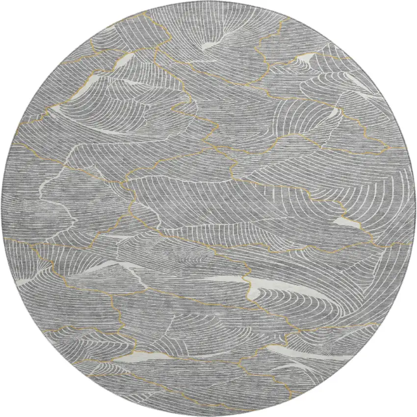 8' Gray Ivory And Gold Abstract Washable Round Rug With UV Protection Photo 1