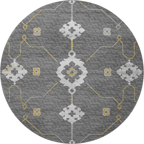 8' Gray Ivory And Gold Floral Medallion Washable Round Rug With UV Protection Photo 4