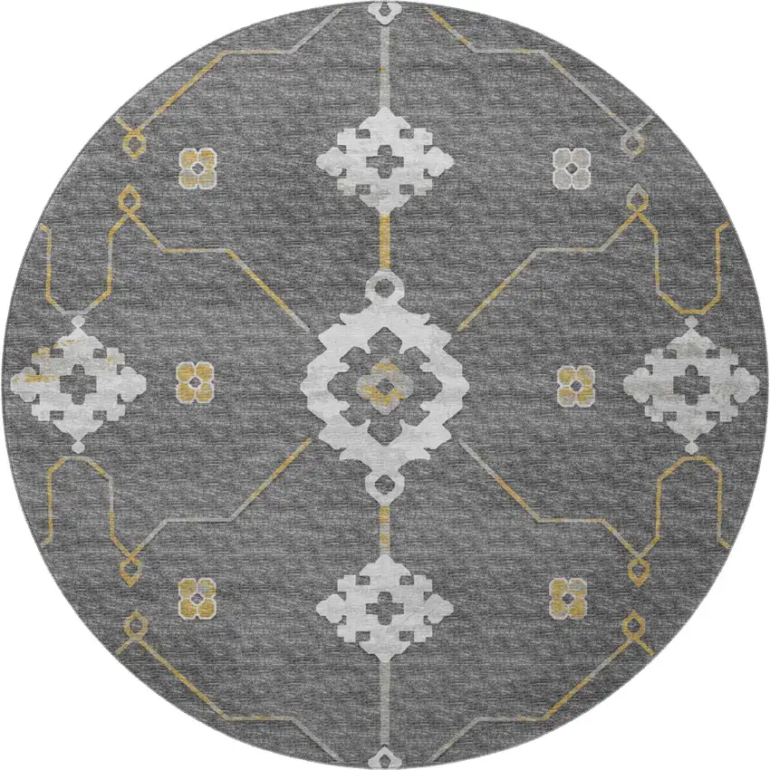 8' Gray Ivory And Gold Floral Medallion Washable Round Rug With UV Protection Photo 4
