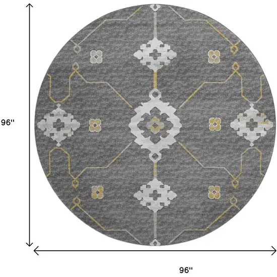 8' Gray Ivory And Gold Floral Medallion Washable Round Rug With UV Protection Photo 3