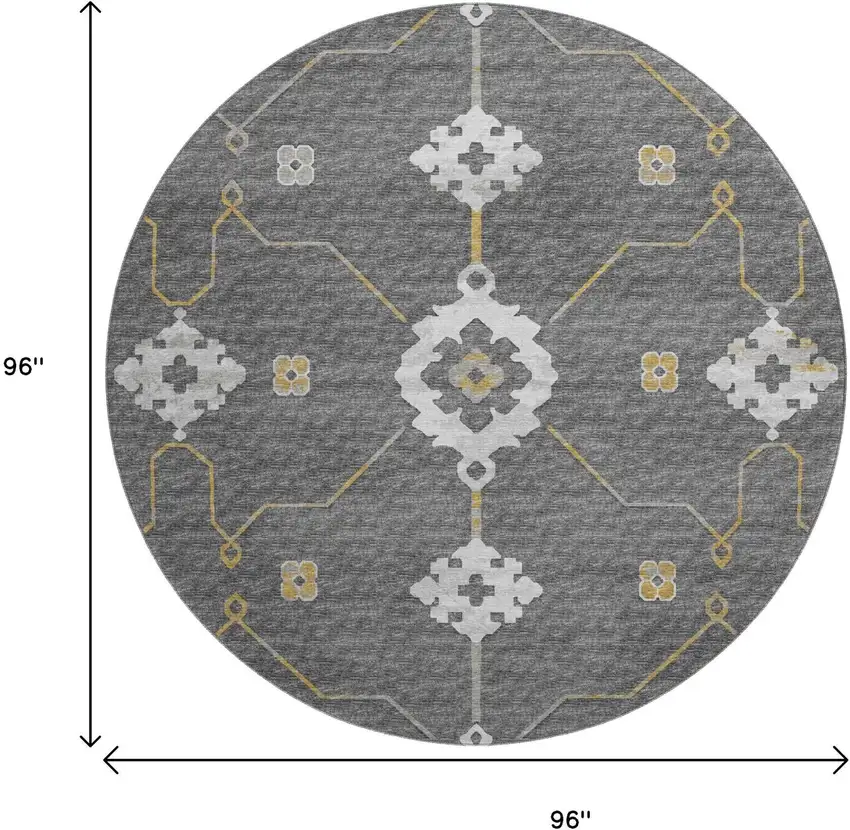 8' Gray Ivory And Gold Floral Medallion Washable Round Rug With UV Protection Photo 3