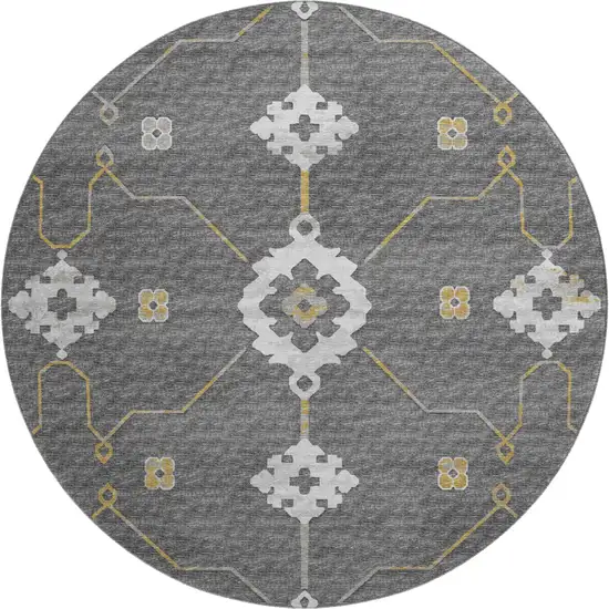 8' Gray Ivory And Gold Floral Medallion Washable Round Rug With UV Protection Photo 2