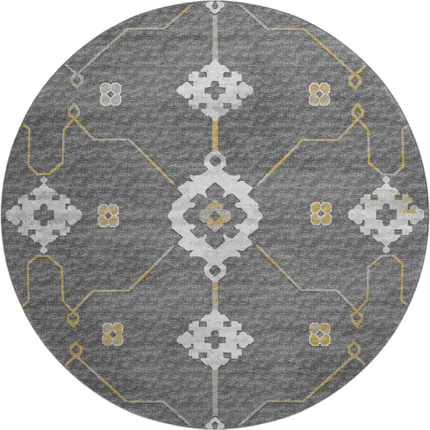 8' Gray Ivory And Gold Floral Medallion Washable Round Rug With UV Protection Photo 2