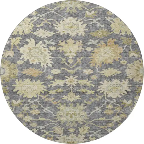 8' Gray Ivory And Gold Floral Medallion Washable Round Rug With UV Protection Photo 3