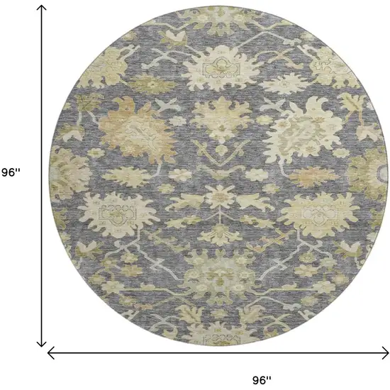 8' Gray Ivory And Gold Floral Medallion Washable Round Rug With UV Protection Photo 9