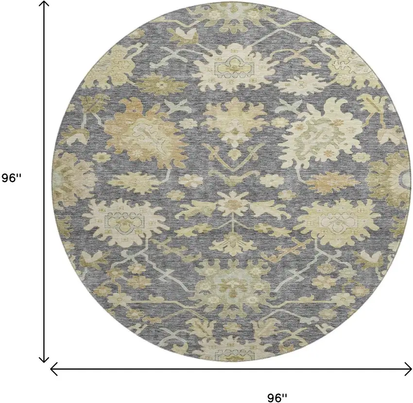8' Gray Ivory And Gold Floral Medallion Washable Round Rug With UV Protection Photo 9