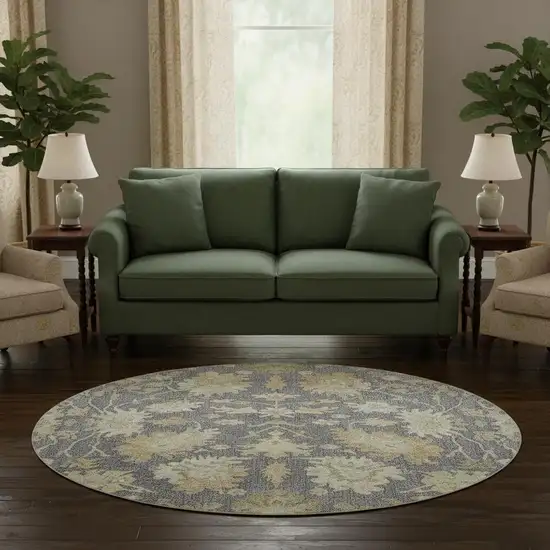 8' Gray Ivory And Gold Floral Medallion Washable Round Rug With UV Protection Photo 2