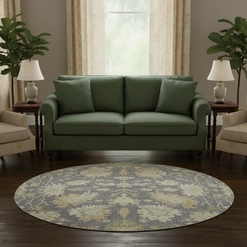 8' Gray Ivory And Gold Floral Medallion Washable Round Rug With UV Protection Photo 2