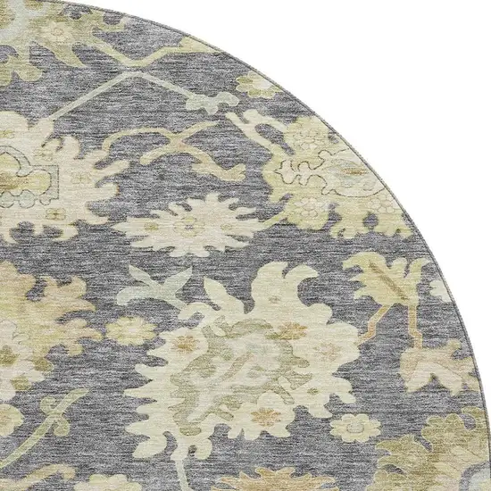 8' Gray Ivory And Gold Floral Medallion Washable Round Rug With UV Protection Photo 2