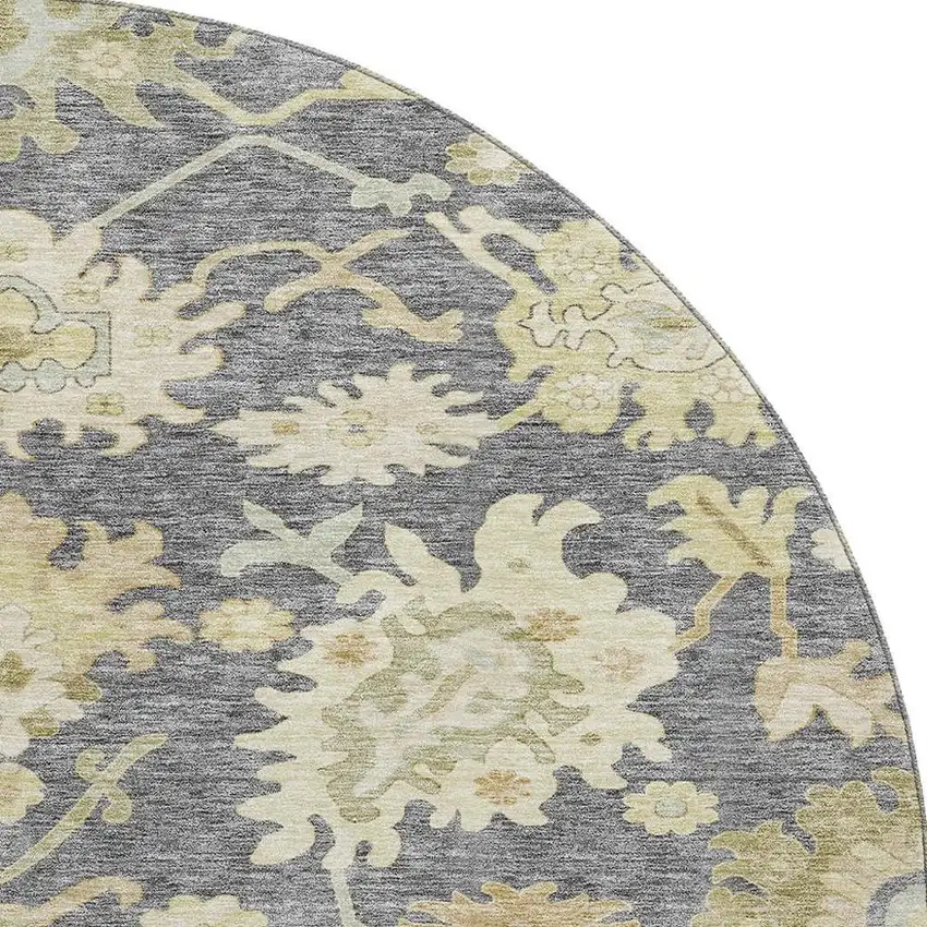 8' Gray Ivory And Gold Floral Medallion Washable Round Rug With UV Protection Photo 2