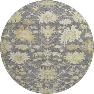 Photo of 8' Gray Ivory And Gold Floral Medallion Washable Round Rug With UV Protection
