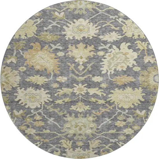8' Gray Ivory And Gold Floral Medallion Washable Round Rug With UV Protection Photo 1