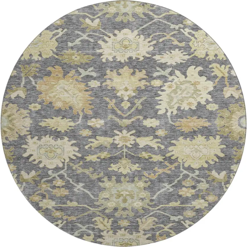 8' Gray Ivory And Gold Floral Medallion Washable Round Rug With UV Protection Photo 1