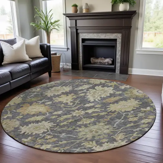 8' Gray Ivory And Gold Floral Medallion Washable Round Rug With UV Protection Photo 4