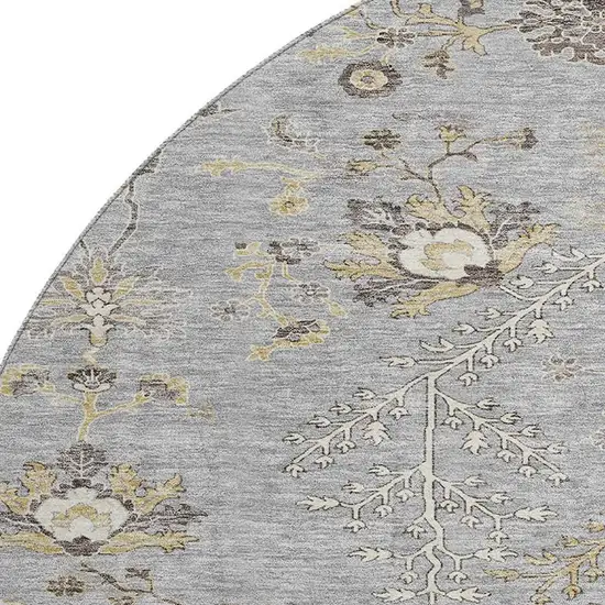 8' Gray Ivory And Gold Floral Washable Round Rug With UV Protection Photo 2