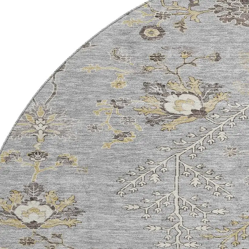 8' Gray Ivory And Gold Floral Washable Round Rug With UV Protection Photo 2
