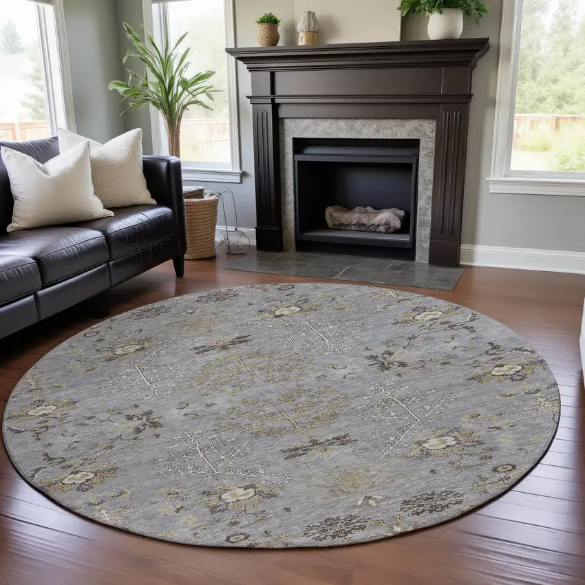 8' Gray Ivory And Gold Floral Washable Round Rug With UV Protection Photo 4