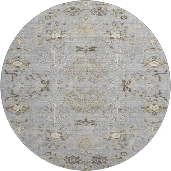 8' Gray Ivory And Gold Floral Washable Round Rug With UV Protection Photo 1