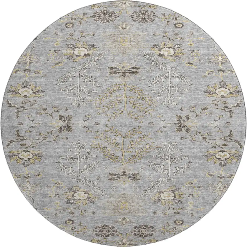 8' Gray Ivory And Gold Floral Washable Round Rug With UV Protection Photo 1
