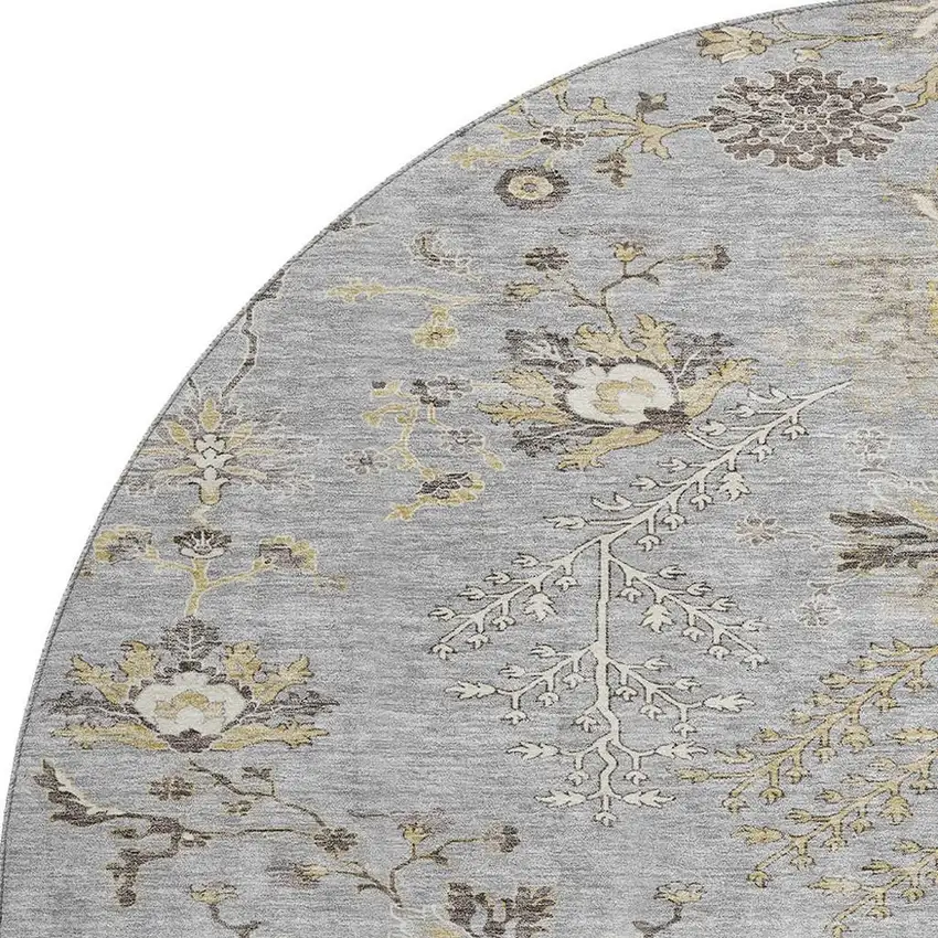 8' Gray Ivory And Gold Floral Washable Round Rug With UV Protection Photo 3