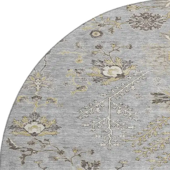 8' Gray Ivory And Gold Floral Washable Round Rug With UV Protection Photo 3