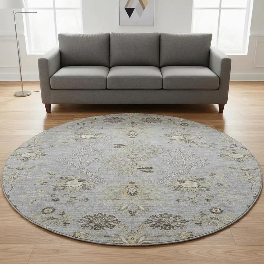 8' Gray Ivory And Gold Floral Washable Round Rug With UV Protection Photo 2