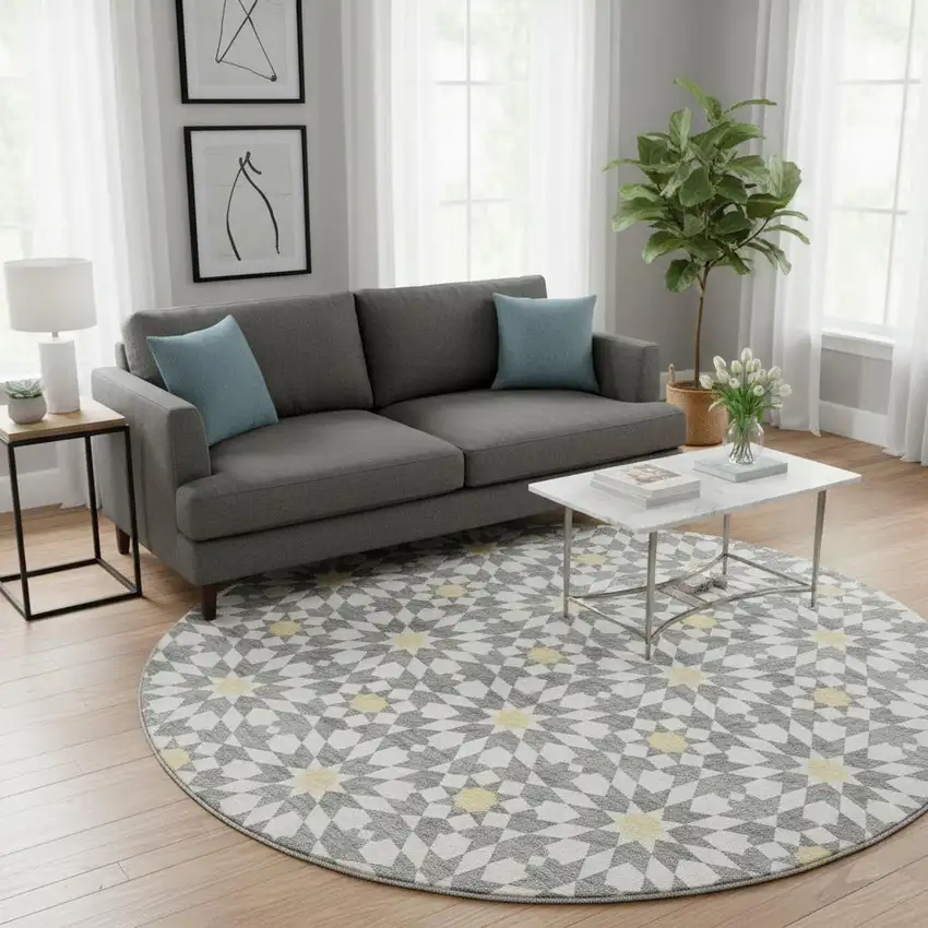 8' Gray Ivory And Gold Geometric Washable Round Rug With UV Protection Photo 2