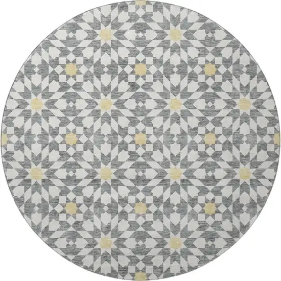 8' Gray Ivory And Gold Geometric Washable Round Rug With UV Protection Photo 4
