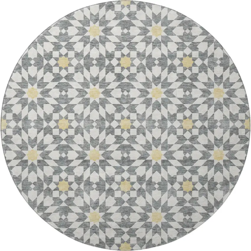 8' Gray Ivory And Gold Geometric Washable Round Rug With UV Protection Photo 4