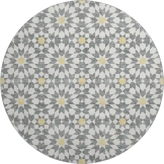 8' Gray Ivory And Gold Geometric Washable Round Rug With UV Protection Photo 1