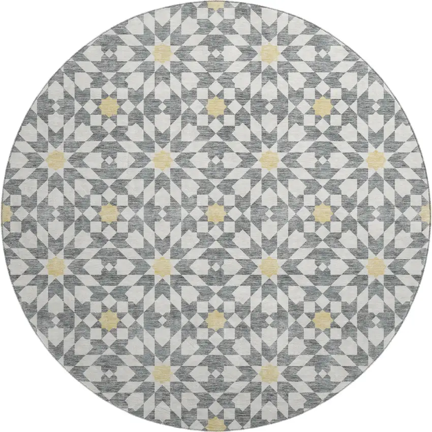 8' Gray Ivory And Gold Geometric Washable Round Rug With UV Protection Photo 1