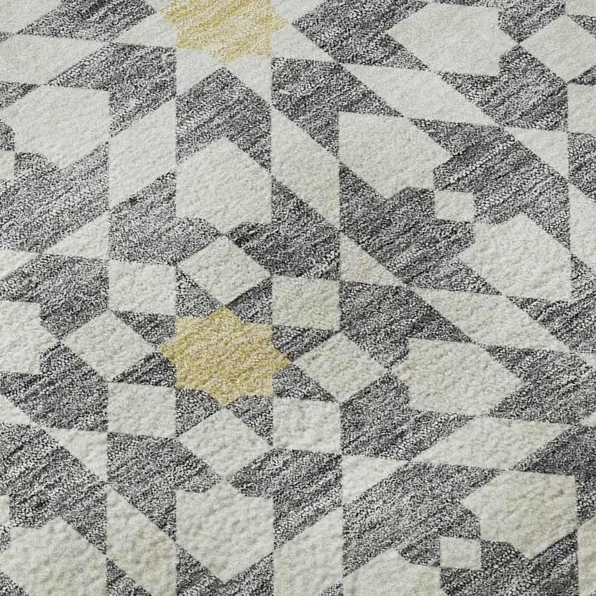 8' Gray Ivory And Gold Geometric Washable Round Rug With UV Protection Photo 9