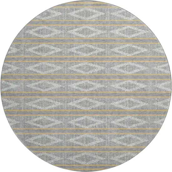 8' Gray Ivory And Gold Geometric Washable Round Rug With UV Protection Photo 1