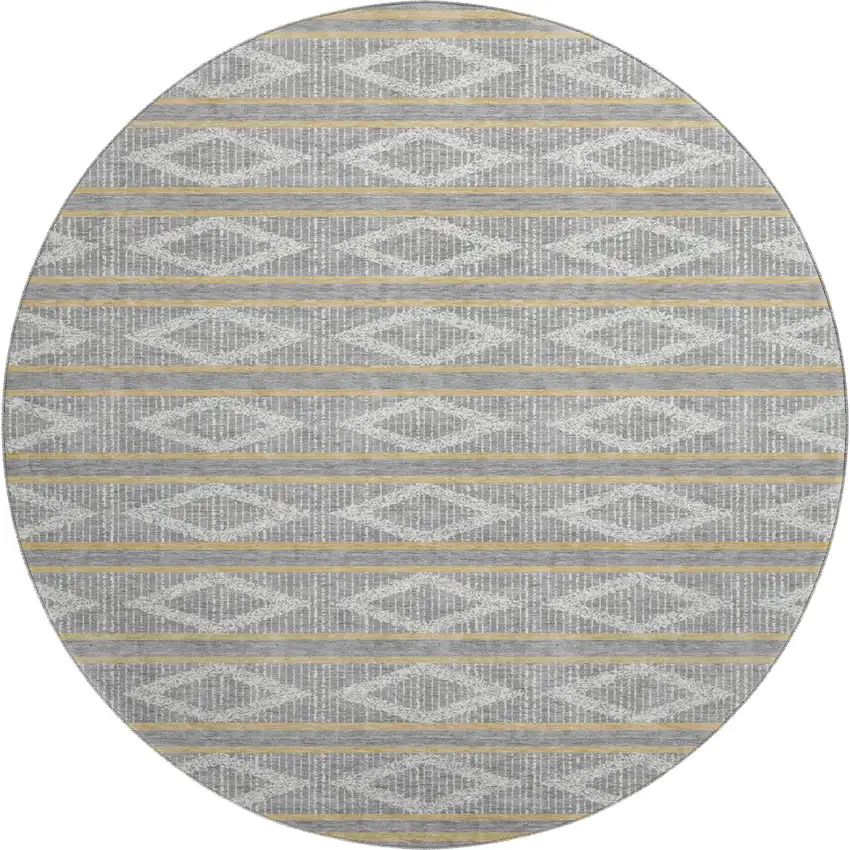 8' Gray Ivory And Gold Geometric Washable Round Rug With UV Protection Photo 1