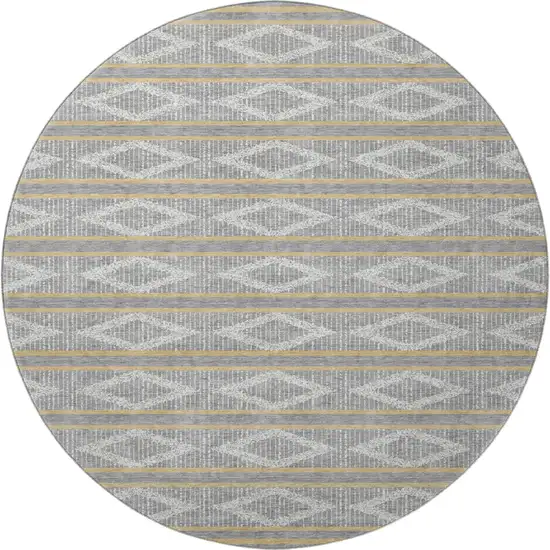 8' Gray Ivory And Gold Geometric Washable Round Rug With UV Protection Photo 3
