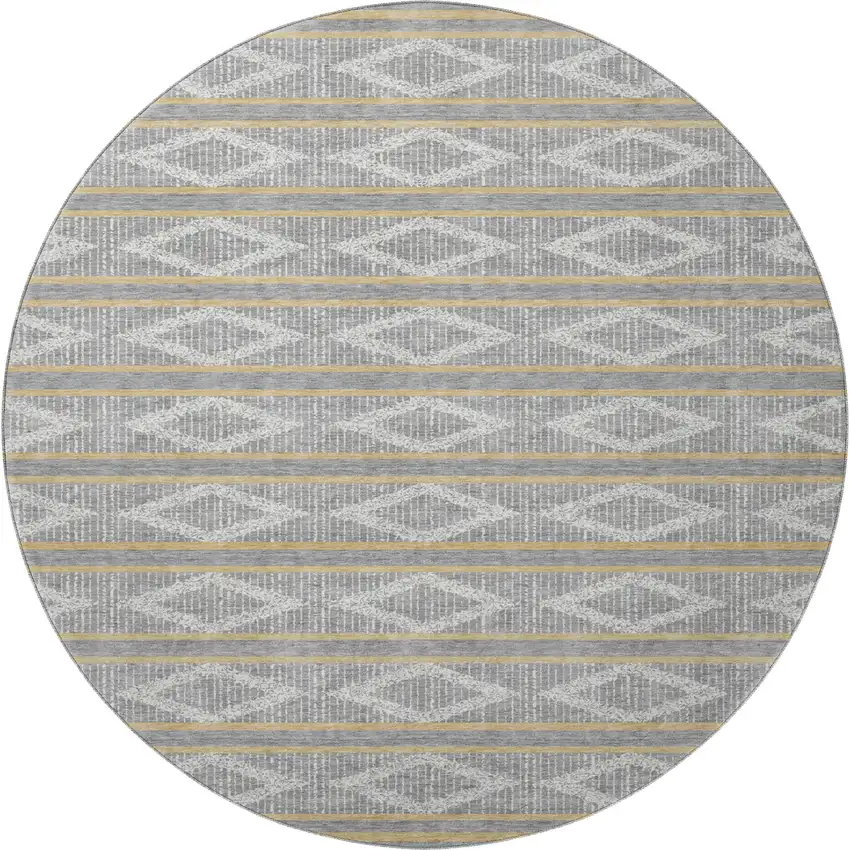 8' Gray Ivory And Gold Geometric Washable Round Rug With UV Protection Photo 3
