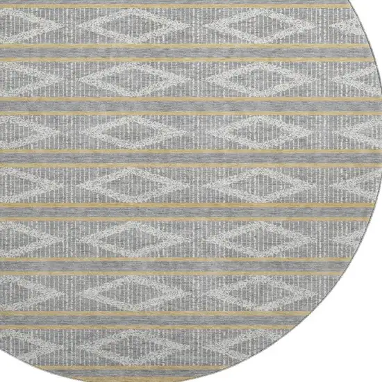 8' Gray Ivory And Gold Geometric Washable Round Rug With UV Protection Photo 2