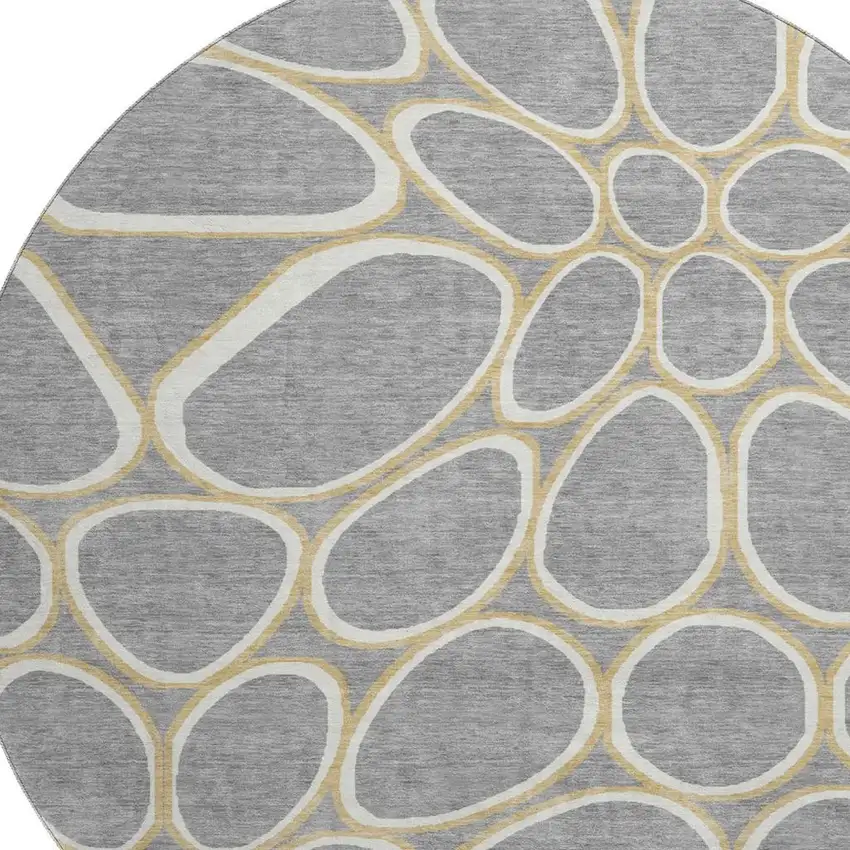 8' Gray Ivory And Gold Geometric Washable Round Rug With UV Protection Photo 2