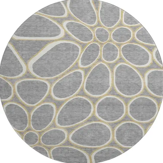 8' Gray Ivory And Gold Geometric Washable Round Rug With UV Protection Photo 3