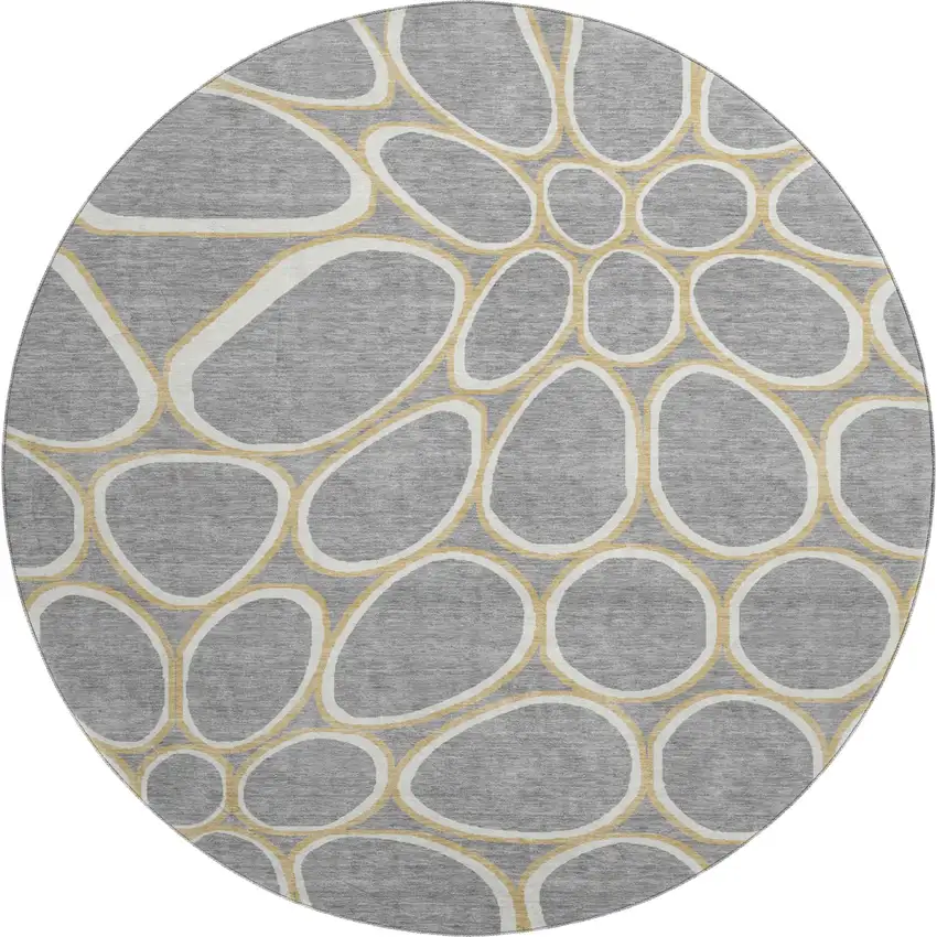 8' Gray Ivory And Gold Geometric Washable Round Rug With UV Protection Photo 1