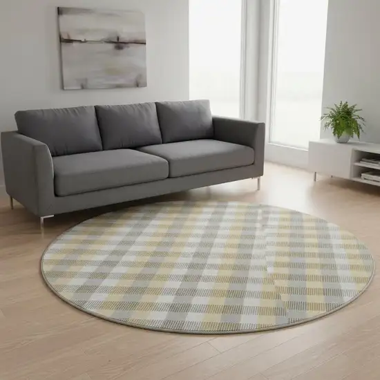 8' Gray Ivory And Gold Plaid Washable Round Rug With UV Protection Photo 2