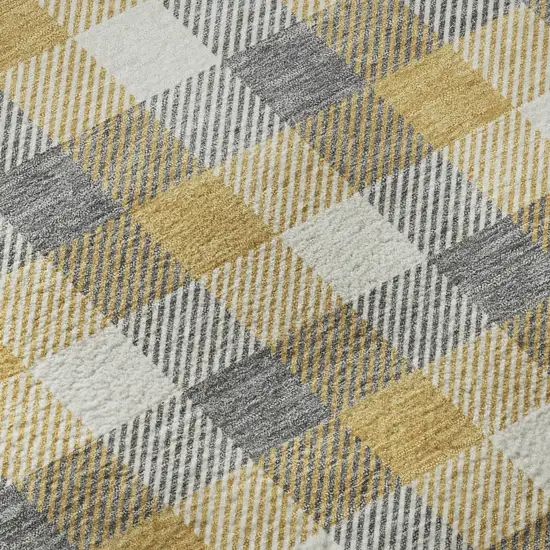 8' Gray Ivory And Gold Plaid Washable Round Rug With UV Protection Photo 8