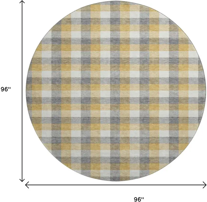 8' Gray Ivory And Gold Plaid Washable Round Rug With UV Protection Photo 9