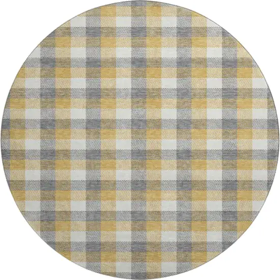 8' Gray Ivory And Gold Plaid Washable Round Rug With UV Protection Photo 1
