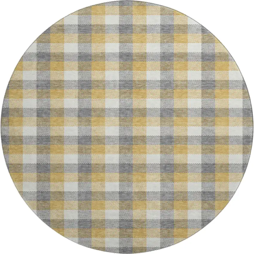 8' Gray Ivory And Gold Plaid Washable Round Rug With UV Protection Photo 1
