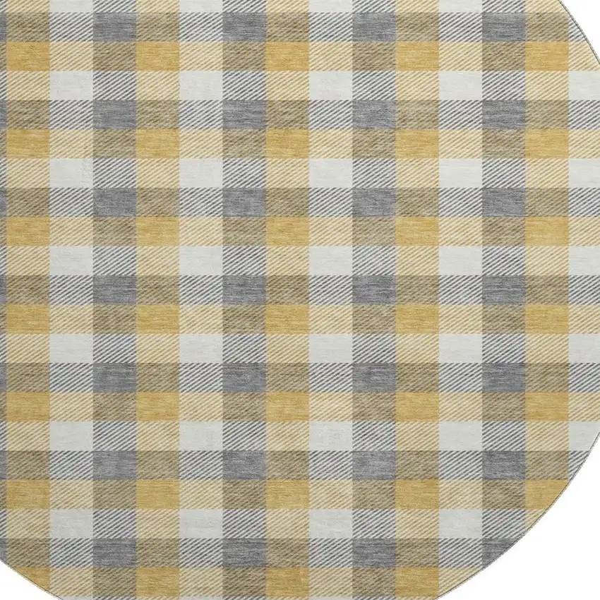 8' Gray Ivory And Gold Plaid Washable Round Rug With UV Protection Photo 3