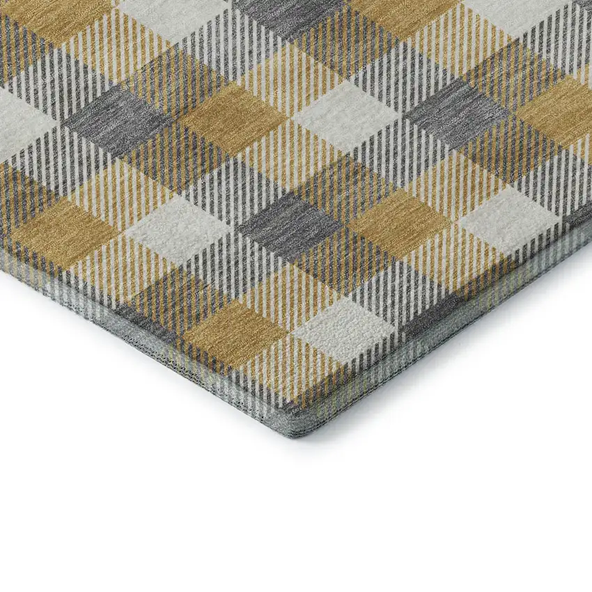 8' Gray Ivory And Gold Plaid Washable Round Rug With UV Protection Photo 6